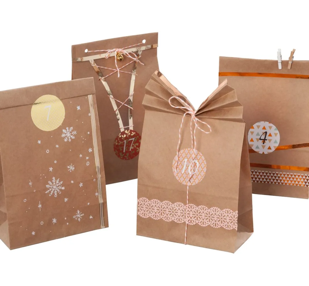 folia Tüten & Anhänger|Adventskalender>Adventskalender-Set "Kraftpapier", lebensmittelechte Papiertüten