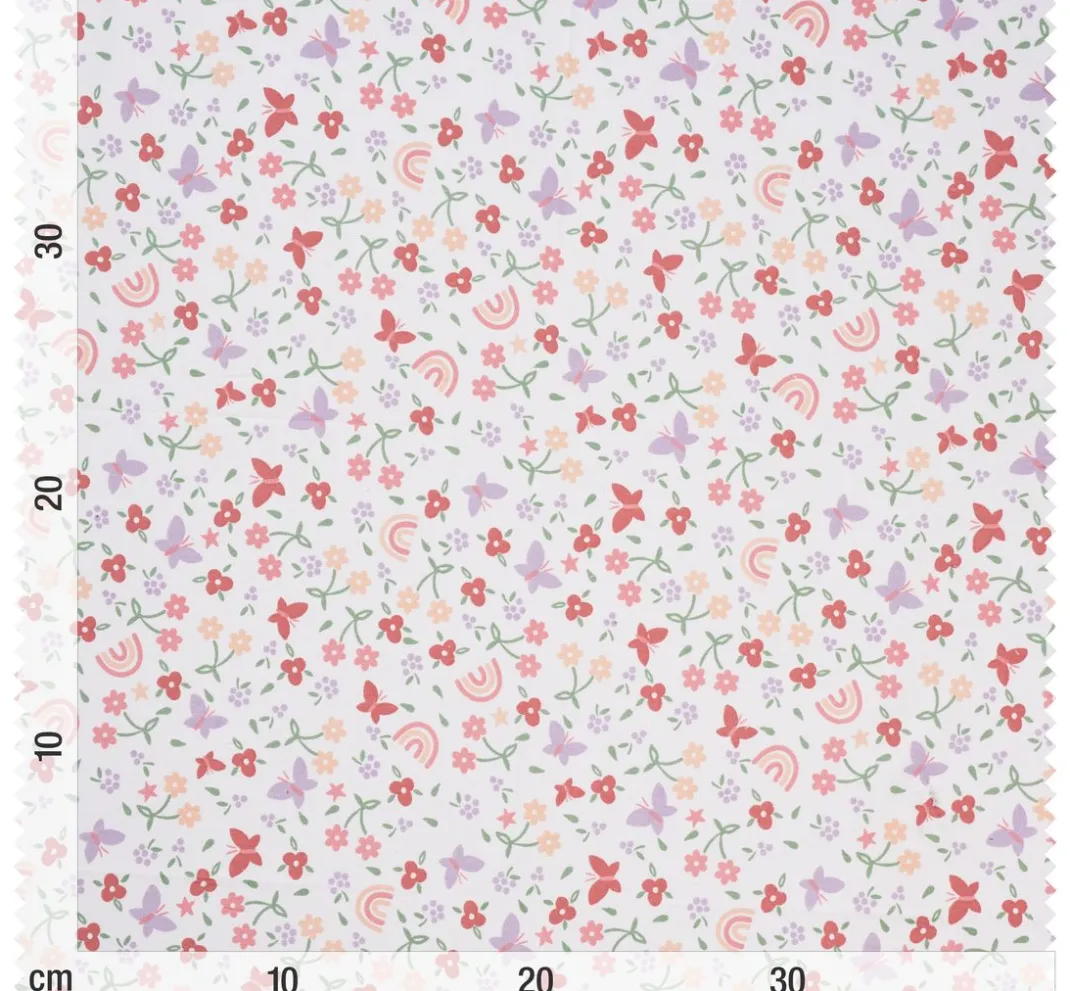 VBS Marktplatz Stoff Meterware|Baumwollstoff>Baumwoll-Stoff "Blumen, Regenbogen und Schmetterlinge"