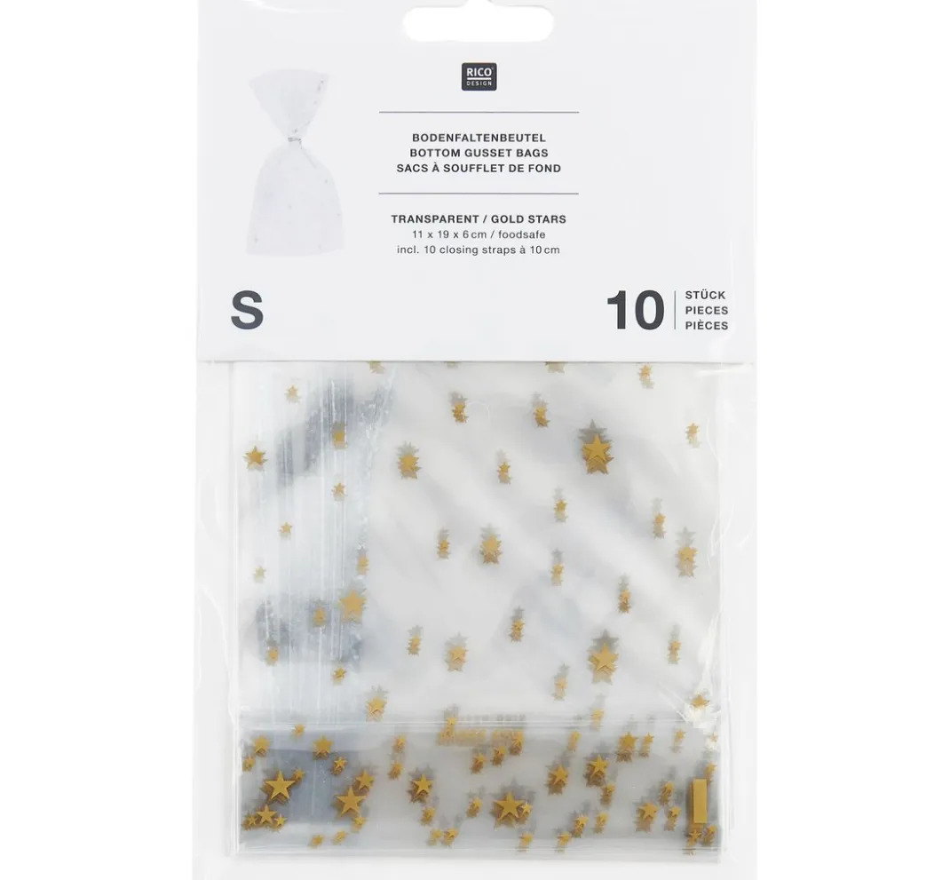 Rico Design Backen|Bastelfolie>Bodenbeutel "Goldene Sterne" mit Verschlussstreifen