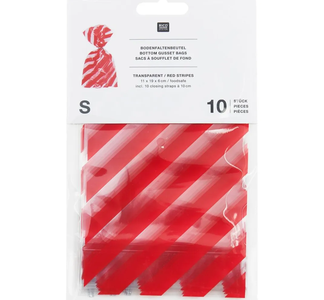 Rico Design Backen|Schutzhüllen & Zellglasbeutel>Bodenfaltenbeutel "Rote Streifen" mit Verschlussband