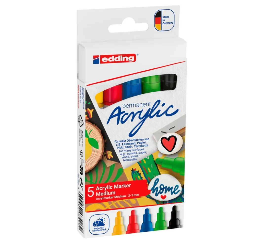edding Stifte|Künstlerfarbe>5100 Acrylic "Acrylmarker - Basic", Mittel, 5er-Set