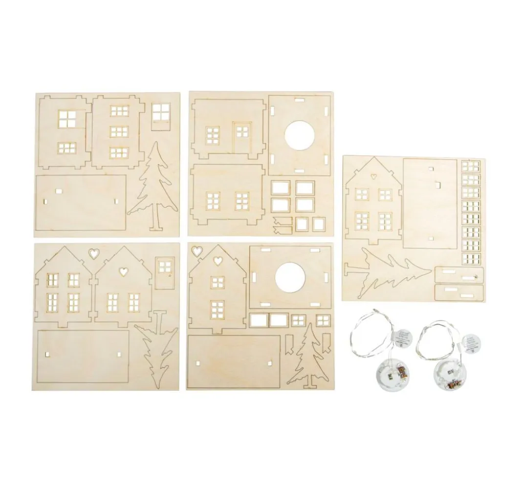 Rayher Holz, Mdf & Pappmaché>Holzbausatz "Lichterhäuser und Tannen", inkl. LED