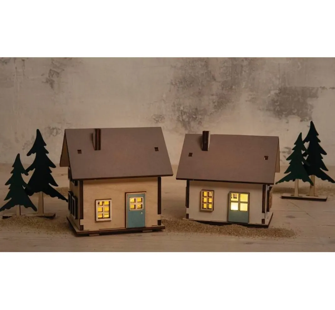Rayher Holz, Mdf & Pappmaché>Holzbausatz "Lichterhäuser und Tannen", inkl. LED