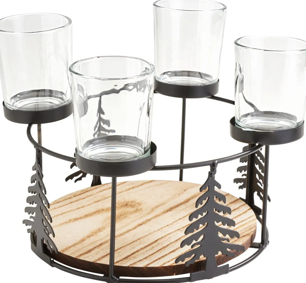 ohne Marke Diverse Materialien|Kerzenhalter>Holz-Metall-Adventskranz mit Baumsilhouette