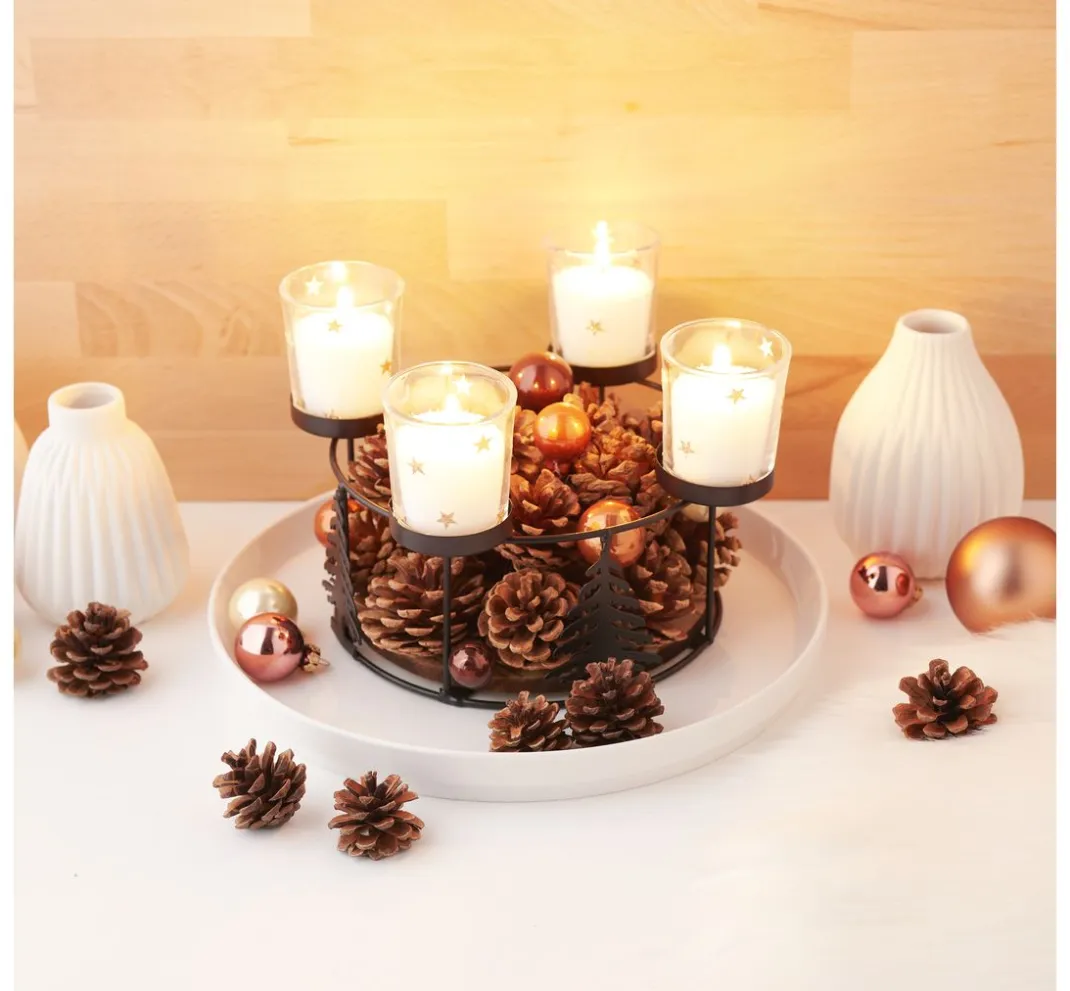 ohne Marke Diverse Materialien|Kerzenhalter>Holz-Metall-Adventskranz mit Baumsilhouette