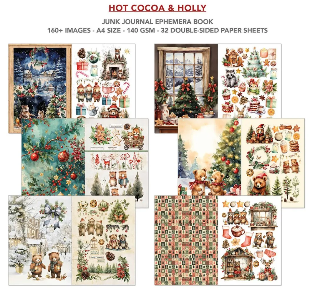 Ciao Bella Papier-Bastelsets|Farb- & Motivblöcke>Junk Journal & Ephemera Book "Hot Cocoa & Holly"