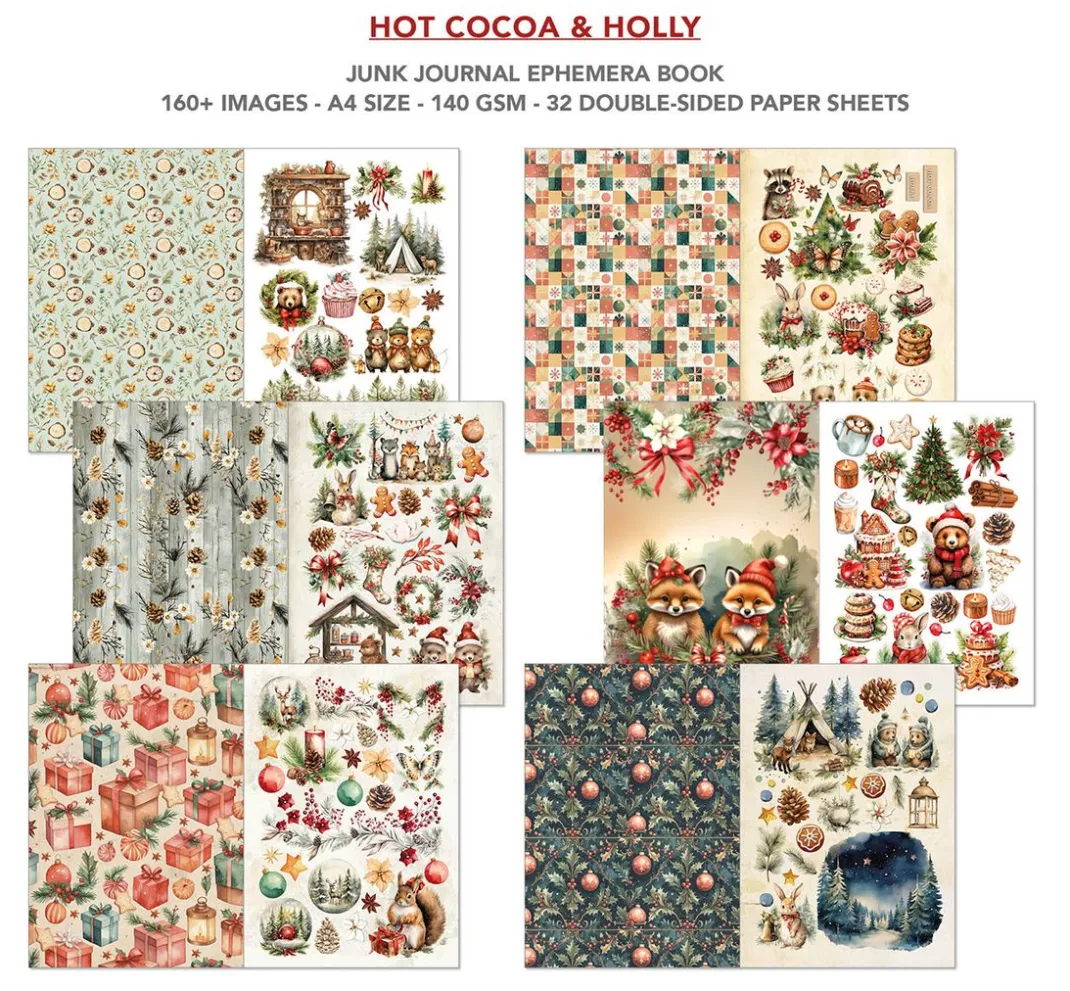 Ciao Bella Papier-Bastelsets|Farb- & Motivblöcke>Junk Journal & Ephemera Book "Hot Cocoa & Holly"
