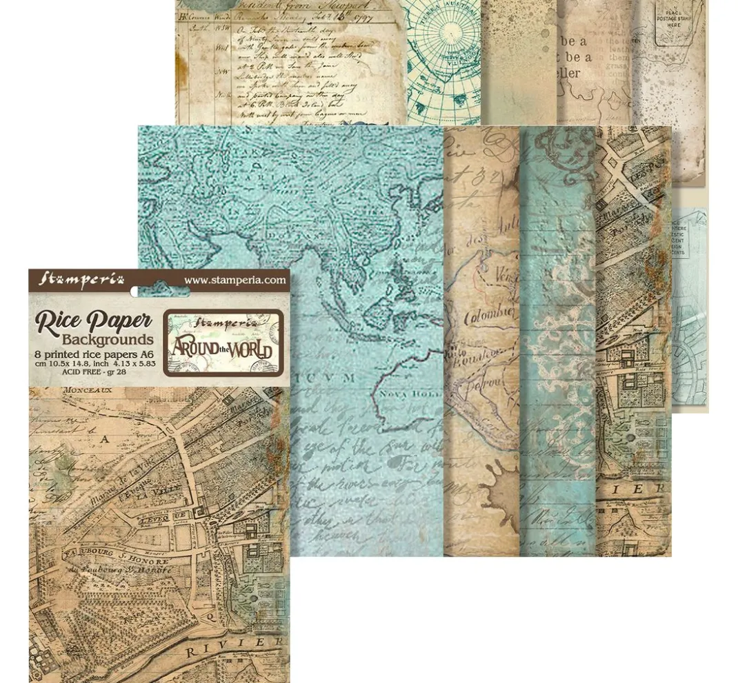 Stamperia Decoupage|Seidenpapier & Strohseide>Motiv-Strohseide Backgrounds "Around the World", 8er-Set