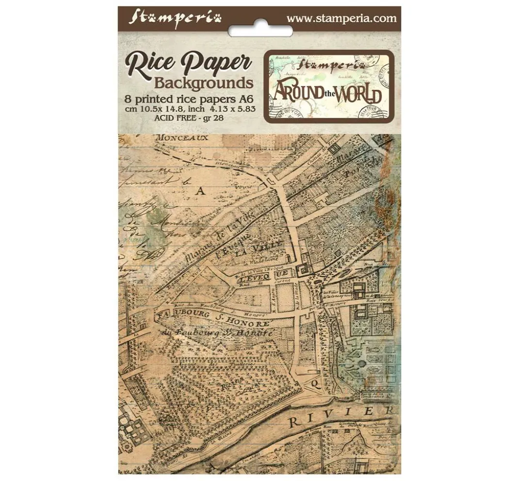 Stamperia Decoupage|Seidenpapier & Strohseide>Motiv-Strohseide Backgrounds "Around the World", 8er-Set