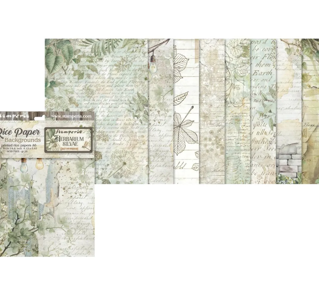 Stamperia Decoupage|Seidenpapier & Strohseide>Motiv-Strohseide Backgrounds "Herbarium Silvae", 8er Set