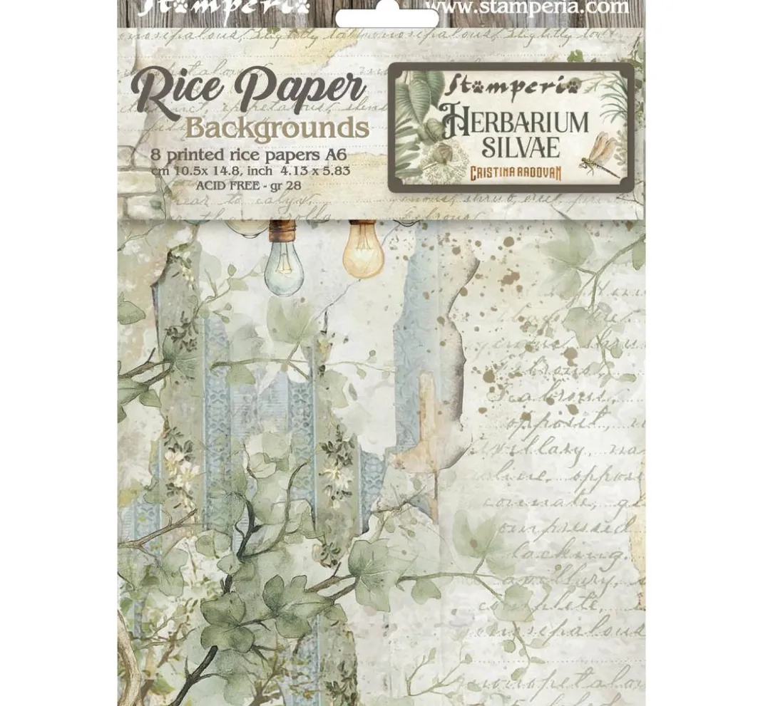 Stamperia Decoupage|Seidenpapier & Strohseide>Motiv-Strohseide Backgrounds "Herbarium Silvae", 8er Set