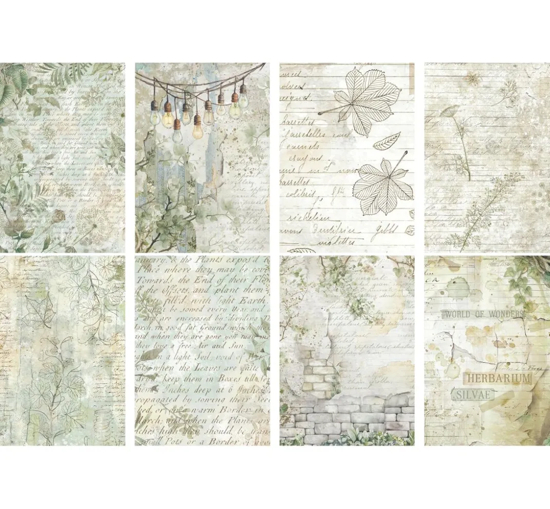 Stamperia Decoupage|Seidenpapier & Strohseide>Motiv-Strohseide Backgrounds "Herbarium Silvae", 8er Set