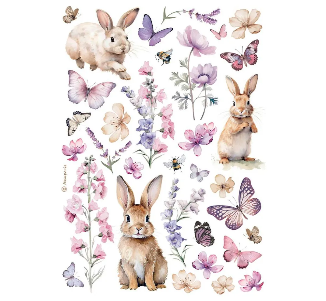 Stamperia Decoupage|Seidenpapier & Strohseide>Motiv-Strohseide "Hasen und Schmetterlinge"
