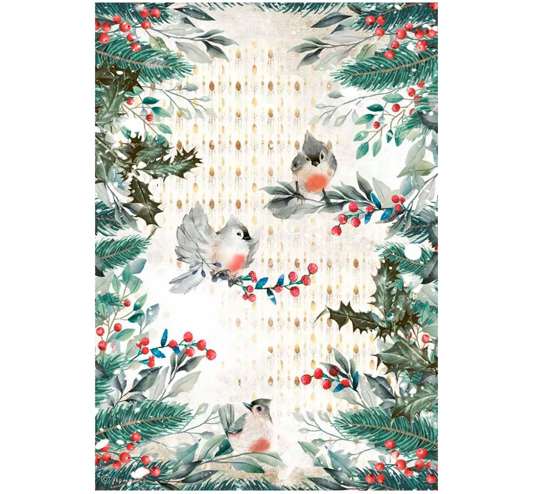 Stamperia Seidenpapier & Strohseide|Decoupage>Motiv-Strohseide Vögel auf "Beerenzweig"