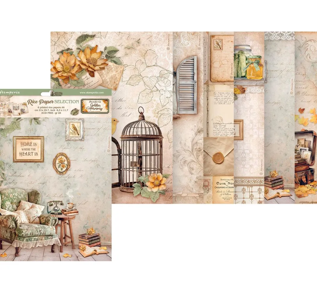 Stamperia Decoupage|Seidenpapier & Strohseide>Motiv-Strohseiden Sortiment "Golden Harmony"