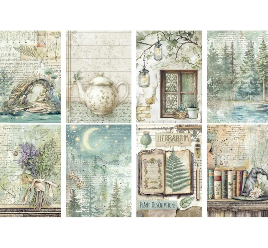 Stamperia Decoupage|Seidenpapier & Strohseide>Motiv-Strohseiden Sortiment "Herbarium Silvae", 8er Set