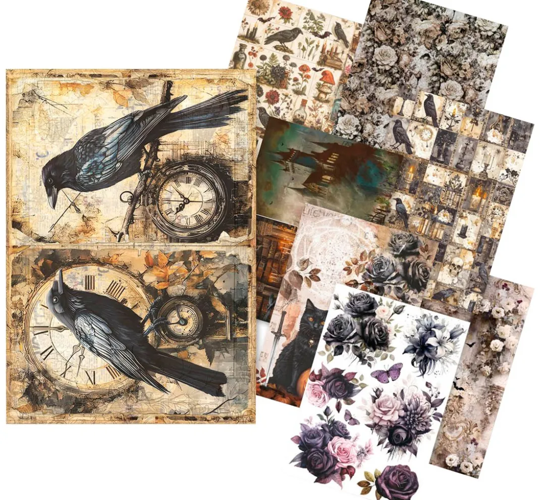 Ciao Bella Decoupage|Seidenpapier & Strohseide>Motiv-Strohseiden Sortiment "Dark Akademia", 8er-Set