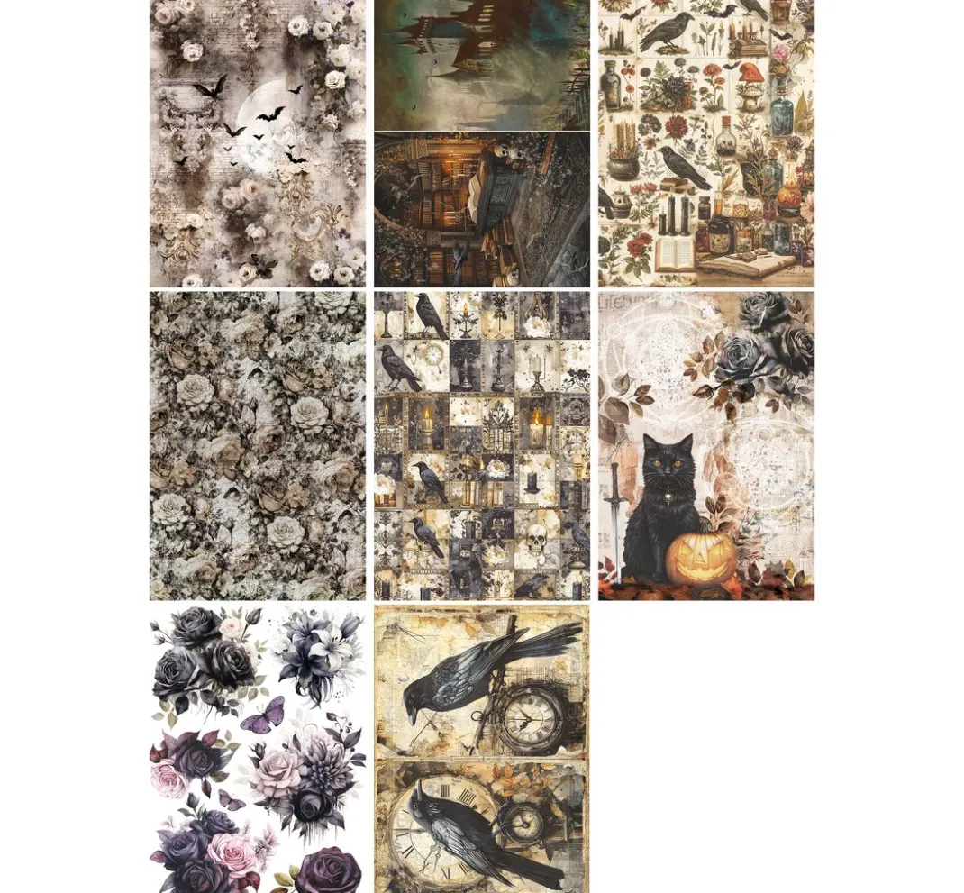 Ciao Bella Decoupage|Seidenpapier & Strohseide>Motiv-Strohseiden Sortiment "Dark Akademia", 8er-Set