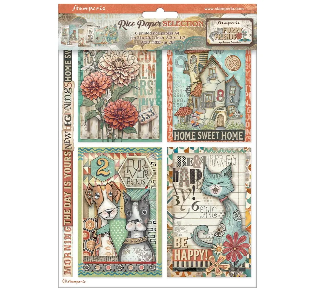 Stamperia Decoupage|Seidenpapier & Strohseide>Motiv-Strohseiden Sortiment "Furry Friends"