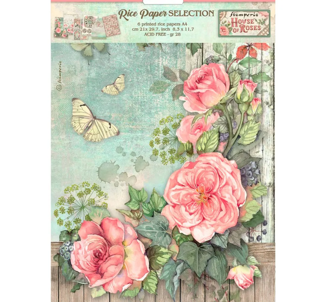 Stamperia Decoupage|Seidenpapier & Strohseide>Motiv-Strohseiden Sortiment "House of Roses", 6er-Set