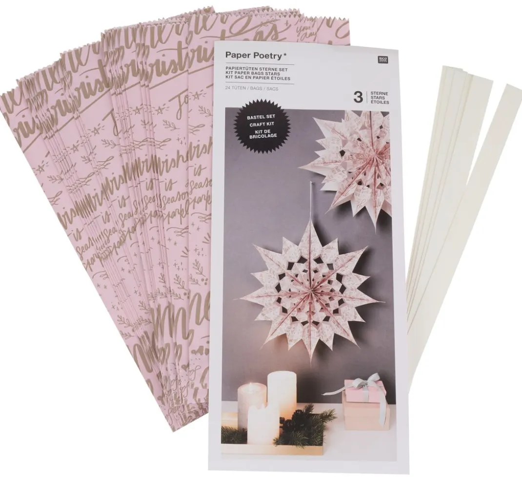 Rico Design Tüten & Anhänger|Papier-Bastelsets>Papiertüten Sterne-Set "Merry Christmas", groß, Rosa