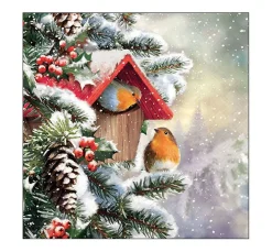 Ambiente Winter|Weihnachten>Serviette "Rotkehlchen Winterhaus"