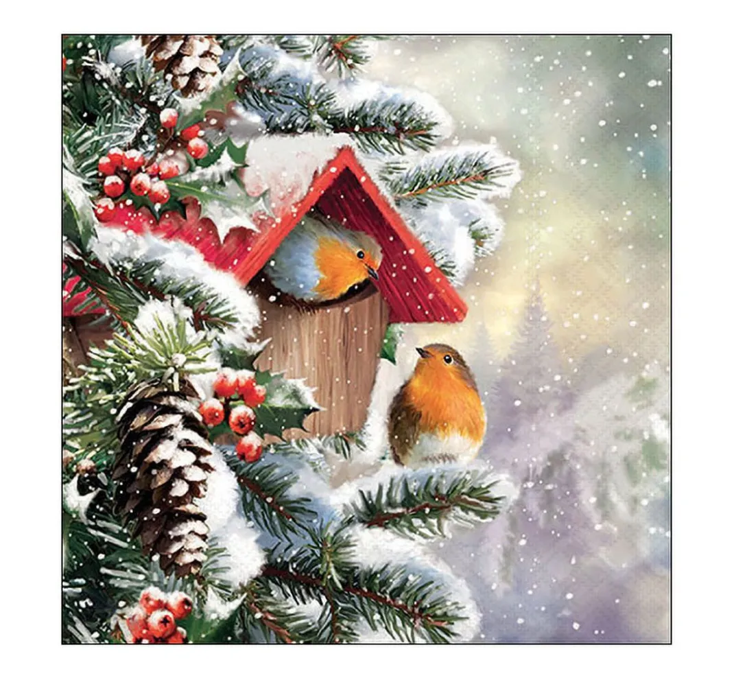 Ambiente Winter|Weihnachten>Serviette "Rotkehlchen Winterhaus"