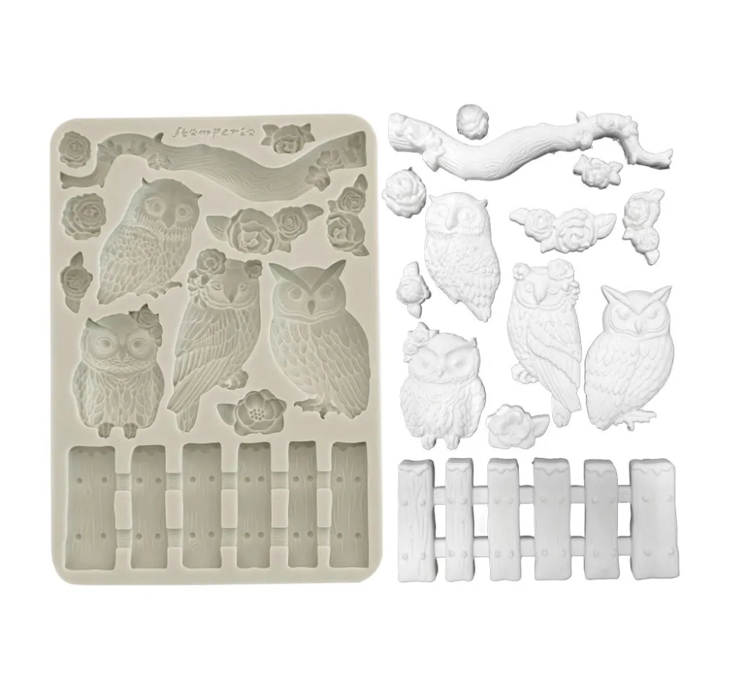 Stamperia Gießformen>Silikonform A5 "The Owl's House - Owls and Branch"