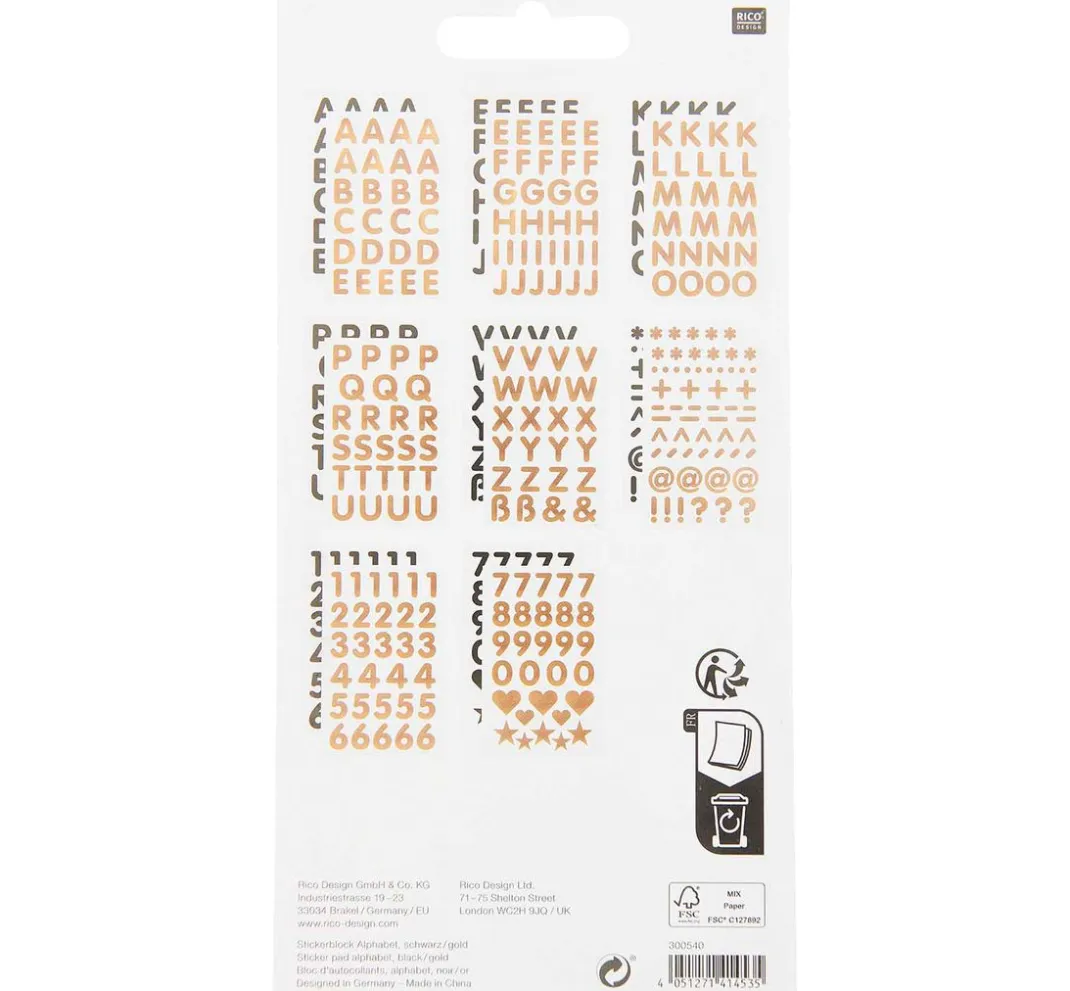 Rico Design Sticker & Klebebänder|Kartengestaltung>Stickerblock "Alphabet", Schwarz/Gold