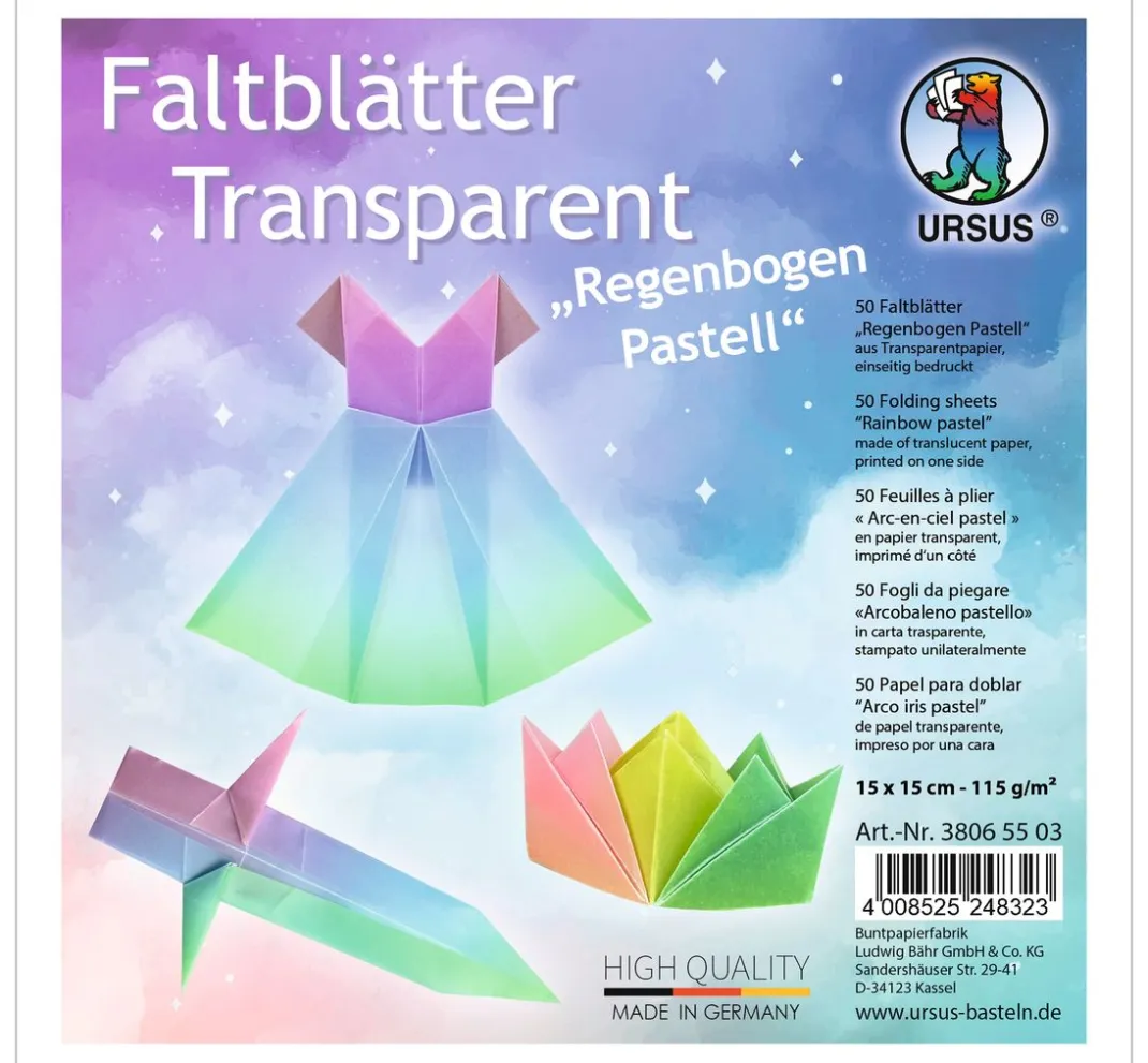 URSUS Origami & Papier Falten|Falt- & Origamipapier>Transparentpapier-Faltblätter "Regenbogen Pastell"
