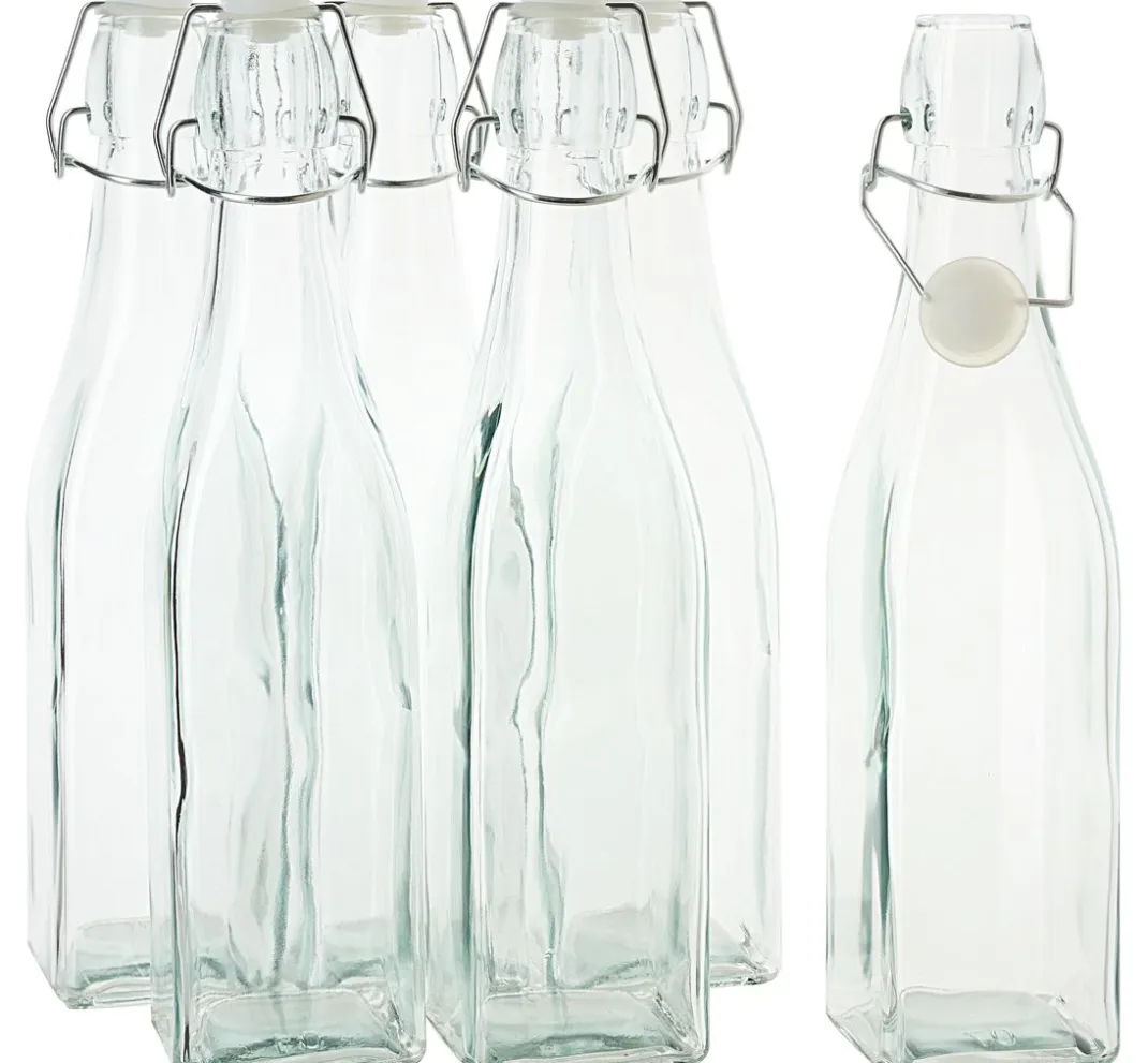 VBS Glasgravur|Glas- & Porzellanmalerei>Glasflasche mit Bügelverschluß "Eckig", 500ml, 6 Stück