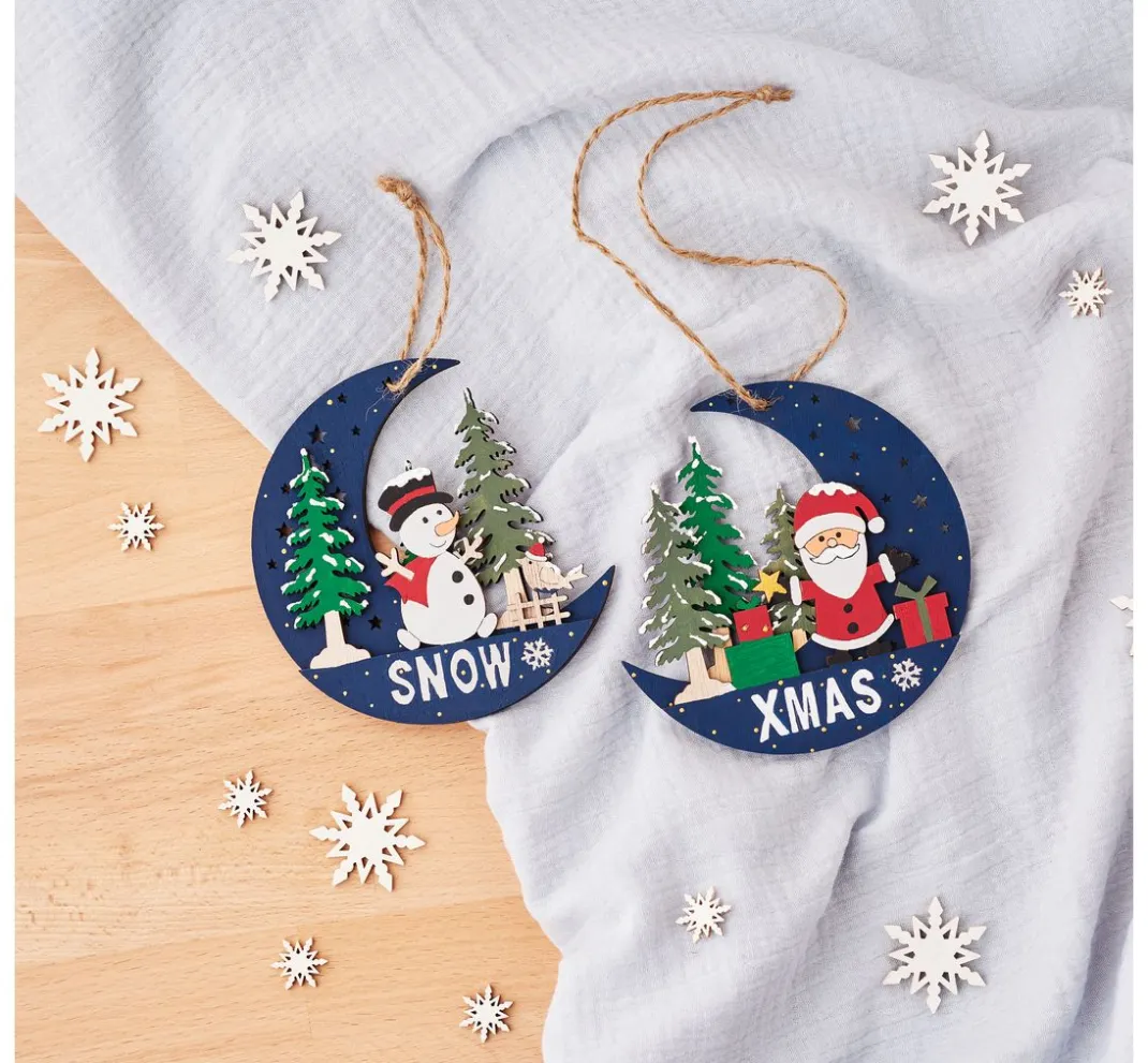 VBS Anhänger|Holz, Mdf & Pappmaché>Holz-Anhänger "Halbmond mit Santa und Snowy", 2er Set