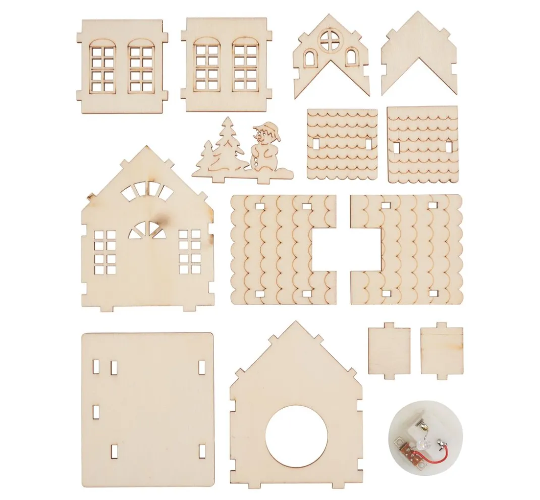 VBS Holz, Mdf & Pappmaché>Holzbausatz "Haus mit Turm und Schneemann", inkl. LED