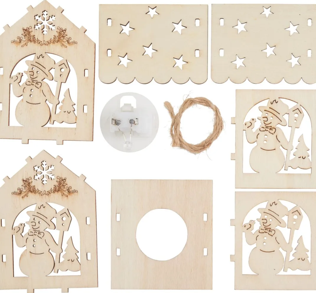VBS Anhänger|Holz, Mdf & Pappmaché>Holzbausatz Lichterhaus "Schneemann mit Vogelhaus", inkl. LED