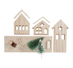 VBS Holz, Mdf & Pappmaché>Holzbausatz "Weihnachtshäuser mit Tannen"
