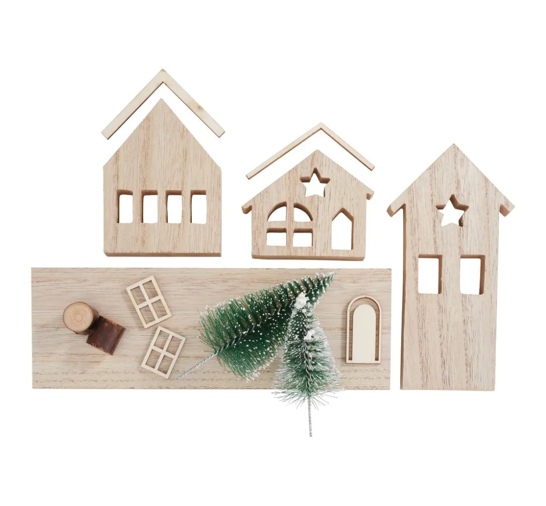 VBS Holz, Mdf & Pappmaché>Holzbausatz "Weihnachtshäuser mit Tannen"
