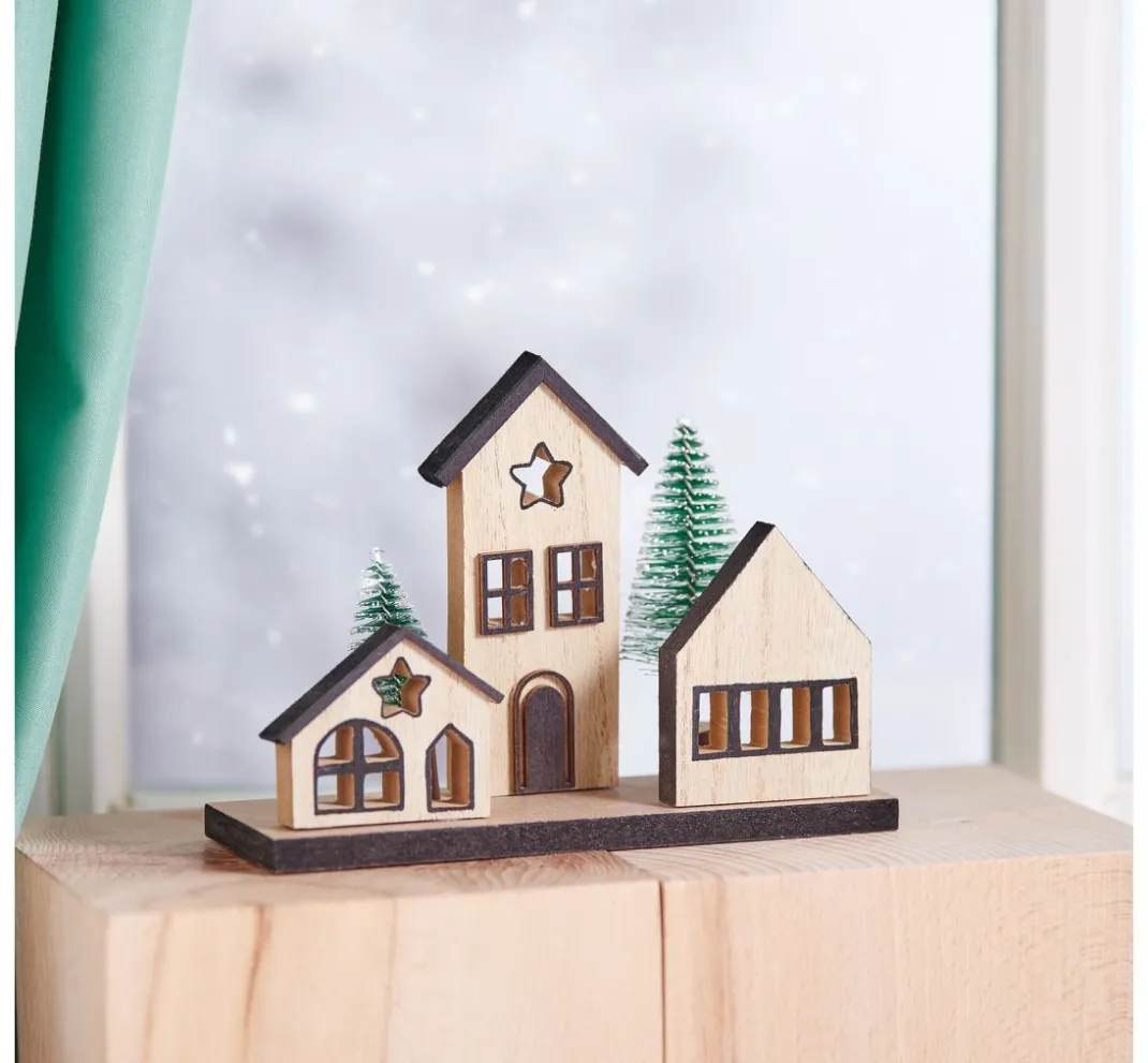 VBS Holz, Mdf & Pappmaché>Holzbausatz "Weihnachtshäuser mit Tannen"