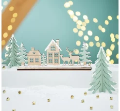VBS Holz, Mdf & Pappmaché>Holz-Steckmotiv "Landschaft mit Rehen und Häusern"