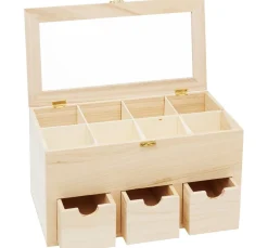 VBS Serviettentechnik|Holz, Mdf & Pappmaché>Teebox mit 3 Schüben und Sichtfenster