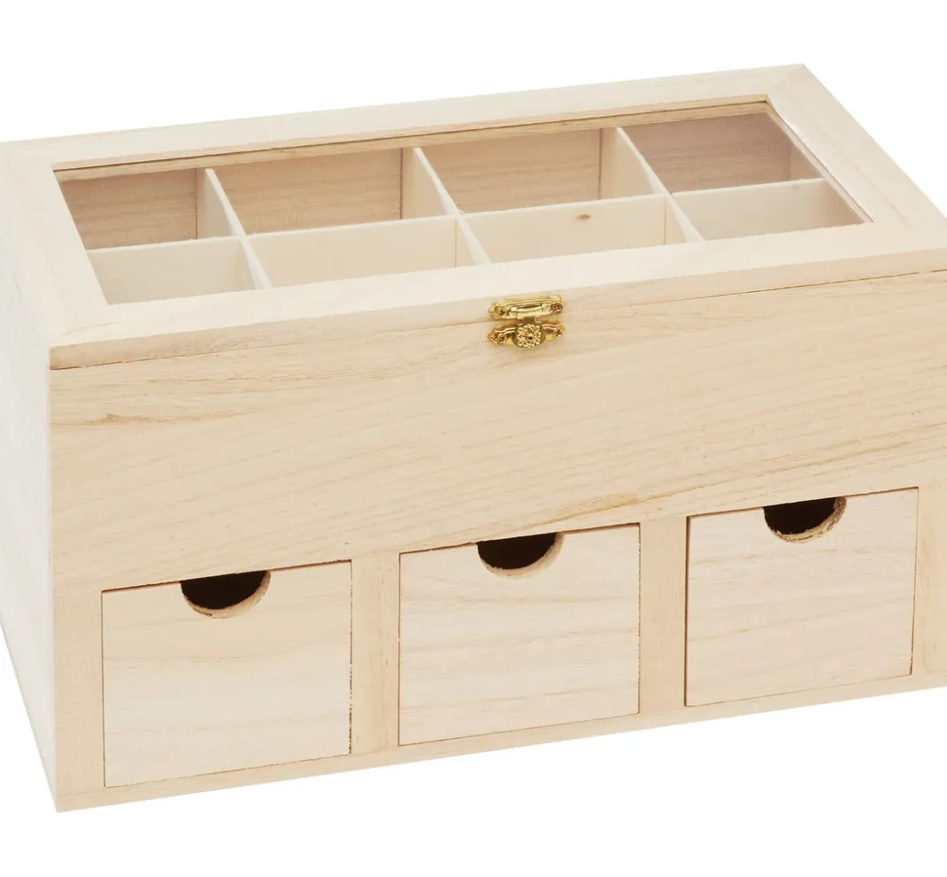 VBS Serviettentechnik|Holz, Mdf & Pappmaché>Teebox mit 3 Schüben und Sichtfenster